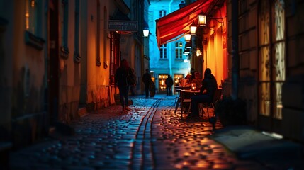 Fototapeta premium night city life cafe where people relaxing under tent neon blurred street lamp light in medieval Tallinn Old Town Estonia : Generative AI