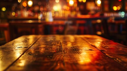 Real wood table with light reflection on scene at restaurant pub or bar at night Blurred background...