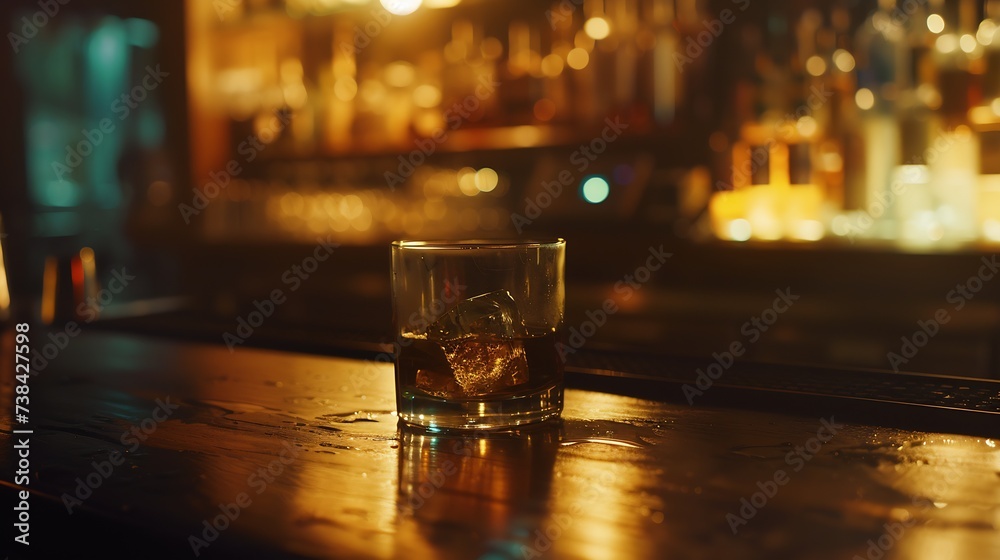 Poster a glass of whiskey on the bar in front of the bar : generative ai