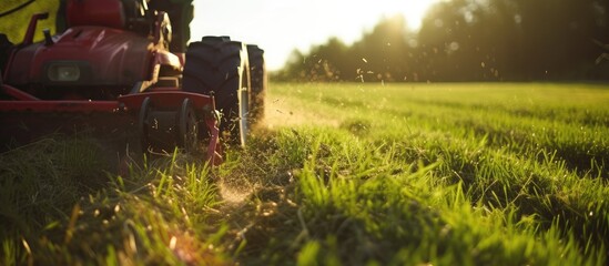 A mower cutting forage grass on farmland. - obrazy, fototapety, plakaty