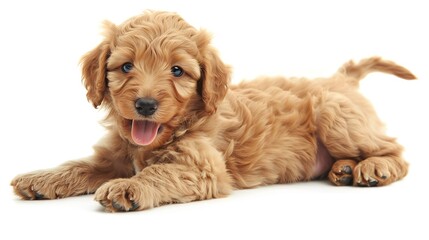 Adorable red / abricot Labradoodle dog puppy, laying down side ways, looking towards camera with shiny dark eyes. Isolated on white background. Mouth open showing pink tongue. : Generative AI