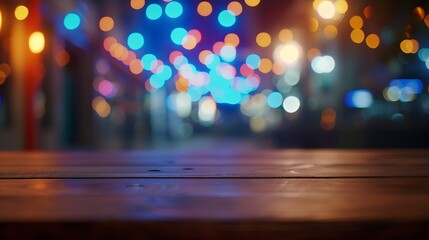 image of wooden table in front of abstract blurred background of restaurant lights : Generative AI - obrazy, fototapety, plakaty