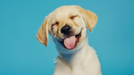 Happy dog puppy winking an eye and smiling on colored blue background with closed eyes. : Generative AI