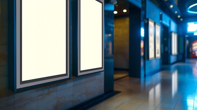 Three movie poster frames along the walkway in modern interior design for movie theater : Generative AI