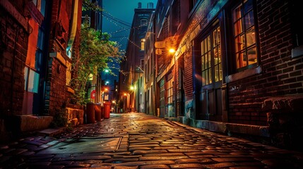 stylized photo of the citys old street in the night : Generative AI - obrazy, fototapety, plakaty