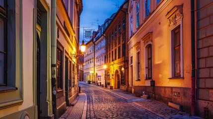 Fototapeta premium illuminated street at night Old european city : Generative AI