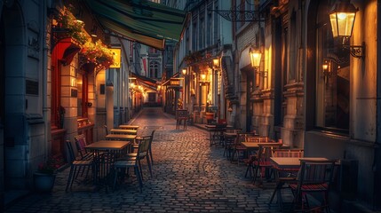 Fototapeta na wymiar Old street with tables of cafe in center of Brussels Belgium Night cityscape of Brussels Bruxelles Architecture and landmarks of Brussels : Generative AI