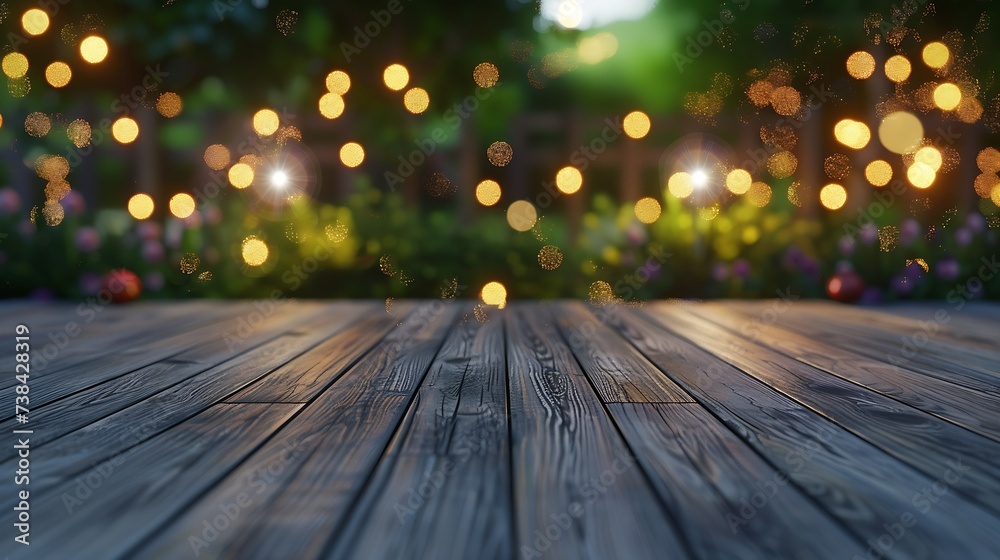 Poster empty grey wooden floor or wooden terrace with abstract night light bokeh of night festival in garde