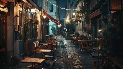 Typical night view of cozy street with tables of cafe in quarter Montmartre in Paris France Architecture and landmarks of Paris Postcard of Paris : Generative AI