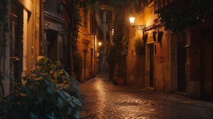 Old cozy street at night in Trastevere Rome Italy Trastevere is rione of Rome on the west bank of the Tiber in Rome Lazio Italy Architecture and landmark of Rome Nightlife of Rome : Generative AI - obrazy, fototapety, plakaty
