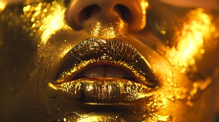 Fashion art Golden skin Woman face portrait closeup Model girl with holiday golden Glamour shiny professional makeup Gold jewellery jewelry accessories Beauty gold metallic body Lips a : Generative AI