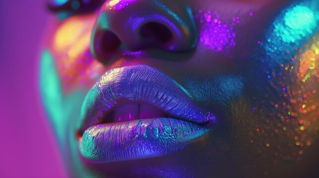 High Fashion model metallic silver lips woman in colorful bright neon blue and purple lights posing in studio beautiful girl trendy glowing makeup colorful make up Glitter Vivid neon m : Generative AI