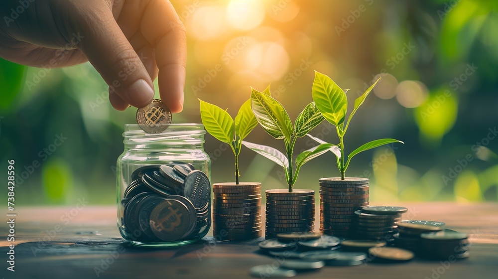 Leinwandbilder saving money concept. hand putting money coin stack with growing business graph. panoramic business 