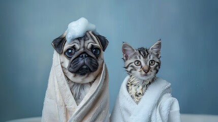 Funny wet puppy of the pug breed and fluffy cat after bath wrapped in towel. Just washed cute dog...