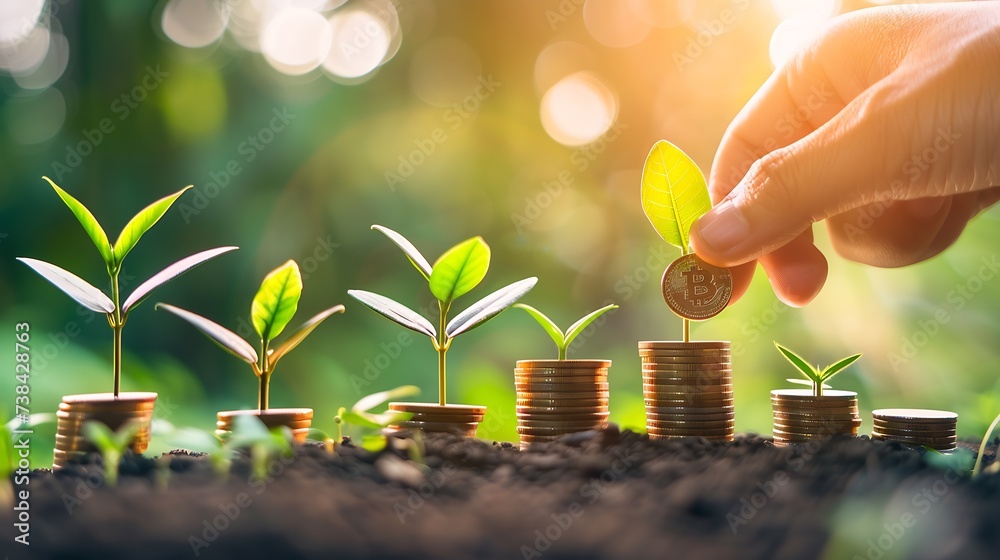 Poster saving money concept. hand putting money coin stack with growing business graph. panoramic business 