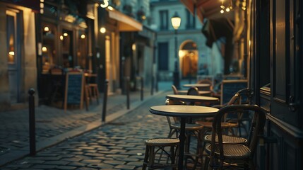 Cozy street with tables of cafe in Paris France Night cityscape of Paris Architecture and landmarks of Paris : Generative AI