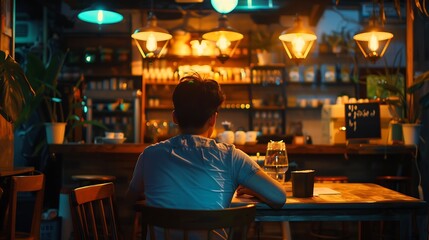 Fototapeta na wymiar smartman working in cafe back view in night time freelance ideas concept : Generative AI