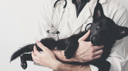 Cropped image of handsome male veterinarian doctor with stethoscope holding cute black german shepherd puppy in arms in veterinary clinic on white background banner : Generative AI