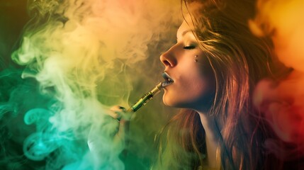 Fototapeta premium Fashion art portrait of beauty model woman in bright lights with colorful smoke Smoking girl Close up of a female inhaling from an electronic cigarette Night life concept : Generative AI
