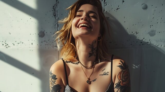 Happy delighted female with positive smile has tattoo smiles broadly dressed in casual clothing isolated over white concrete wall Smiling adorable glad woman rejoices success and havin : Generative AI