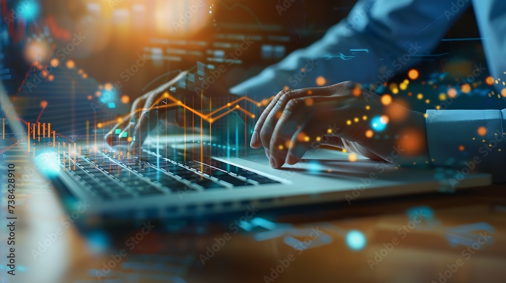 Poster close up of businessman hand working on laptop computer with business graph information diagram on wooden desk as concept : Generative AI