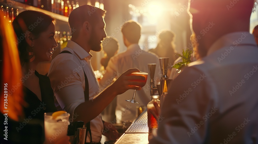Poster Blurred defocused side view of barman and guests drinking and having fun at cocktail bar Social gathering concept with people enjoying time together Warm retro contrast filter with foc : Generative AI
