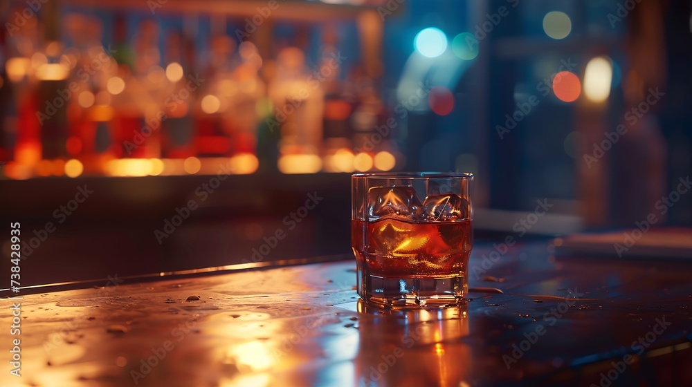 Poster a glass of whiskey on the bar in front of the bar : generative ai