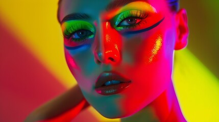 Fashion model woman in colorful bright lights posing portrait of beautiful sexy girl with trendy makeup Art design colorful make up Over colourful vivid background Night club dancer : Generative AI
