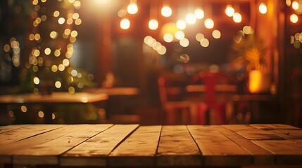 Empty wooden table in front of blurred cafe bar or restaurant Abstract lights bokeh background front view free space for your product : Generative AI - obrazy, fototapety, plakaty