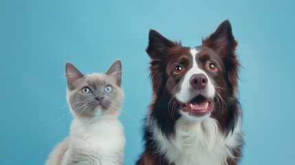 British Shorthair cat kitten and a border collie dog with happy expression together on blue background, banner, looking at the camera : Generative AI