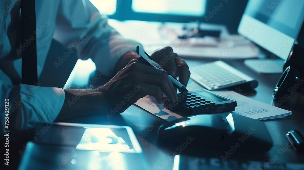 Leinwandbilder businessman working on desk office with using a calculator to calculate the numbers : generative ai