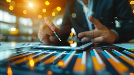 Obraz premium Investment department working process.Photo finance manager showing reports modern tablet screen.Statistics graphics screen.Private banker holding pen for signs documents, business pro : Generative AI