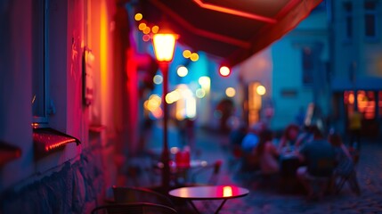 night city life cafe where people relaxing under tent neon blurred street lamp light in medieval Tallinn Old Town Estonia : Generative AI