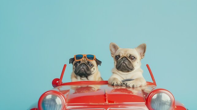 Funny pug dog and cat with sunglasses in toy car on light blue background : Generative AI