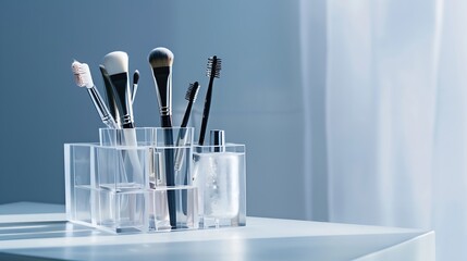 Clear acrylic holder in square shape applied for beauty organizer on white table against grey wall background : Generative AI