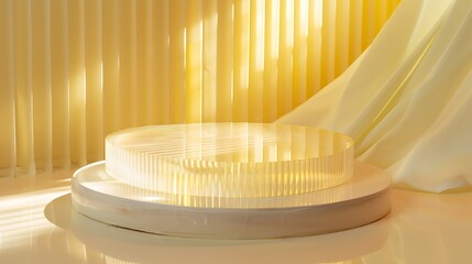 Abstract showcase podium Acrylic glass making transparent and ribbed structures of white and pastel yellow The stage is perfect for advertising beauty products decorations makeup and a : Generative AI