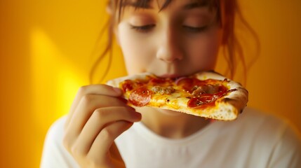 Photo of teenager enjoys delicious slice of pizza likes this taste closes eyes from pleasure has good appetite dressed in casual white shirt isolated over yellow background Hungry woma : Generative AI