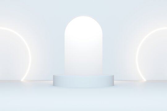 ramadan white background with light circle neon white . 3d illustration render