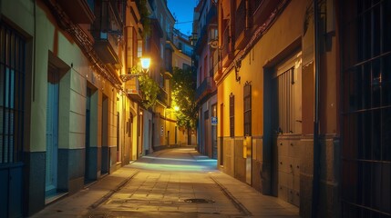 Fototapeta na wymiar Old cozy street in Madrid Spain Architecture and landmark of Madrid night cityscape of Madrid : Generative AI