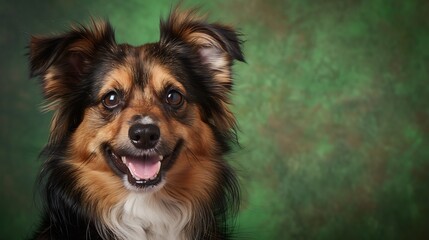 Fototapeta premium studio headshot portrait of brown white and black medium mixed breed dog smiling against a green background : Generative AI