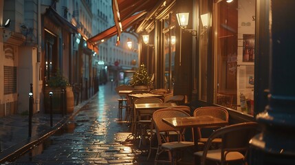 Cozy street with tables of cafe in Paris at night France Architecture and landmarks of Paris...