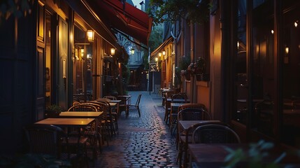 Fototapeta na wymiar Night view of cozy street with tables of cafe in Paris France Architecture and landmarks of Paris Postcard of Paris : Generative AI