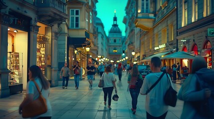 People walking in the Old city center of Vienna in Stephansplatz night timelapse Shops and restaurants around crowded place : Generative AI - obrazy, fototapety, plakaty