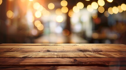 Empty wooden table in front of blurred cafe bar or restaurant Abstract lights bokeh background front view free space for your product : Generative AI - obrazy, fototapety, plakaty