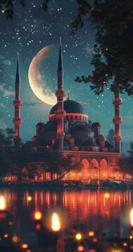 mosque in the night, ramadan video, 4k portrait video, 4k background video.