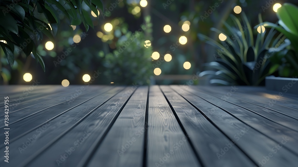 Poster empty grey wooden floor or wooden terrace with abstract night light bokeh of night festival in garde