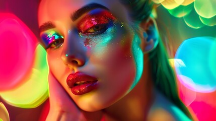 Fashion model woman in colorful bright lights posing portrait of beautiful sexy girl with trendy...