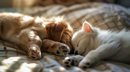 Obraz premium Cat and dog sleeping together. Kitten and puppy taking nap. Home pets. Animal care. Love and friendship. Domestic animals. : Generative AI