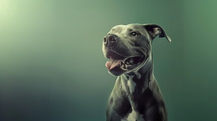 studio portrait of smiling blue gray rescue pit bull type dog sitting with tongue out against a green background : Generative AI