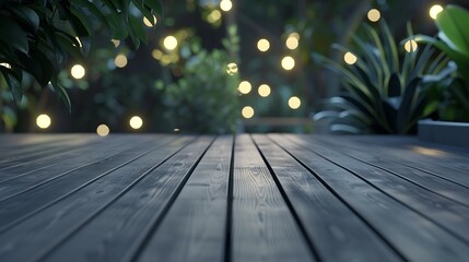 empty grey wooden floor or wooden terrace with abstract night light bokeh of night festival in garden blurred background copy space for display of product or object presentation vintag : Generative AI